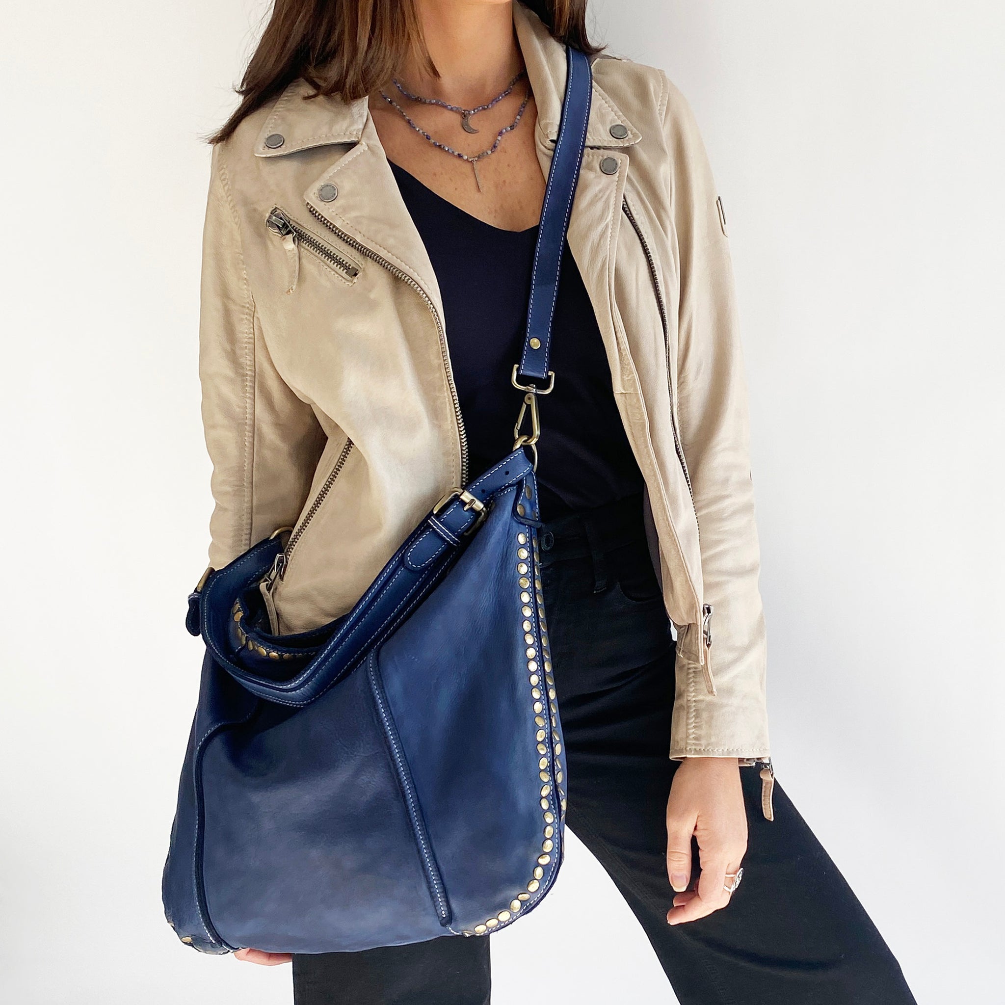 Anna Leather Hobo in Navy