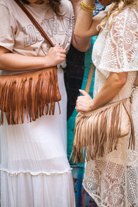 Fringe Crossbody in Cognac and Light Taupe on Models