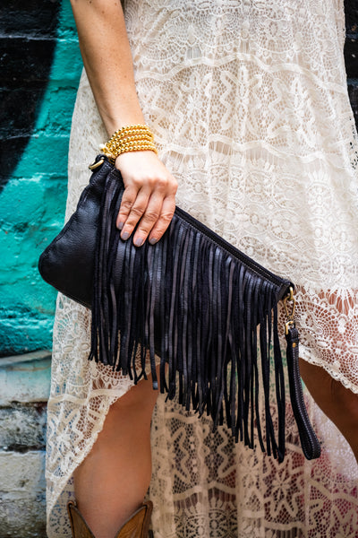 Fringe Crossbody Bag in Black on model
