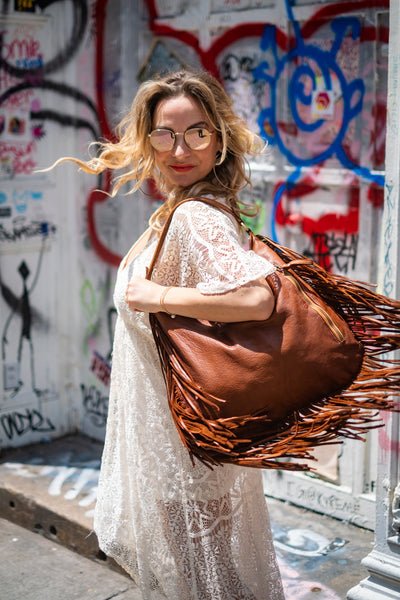 Fringe Hobo in Cognac on Model