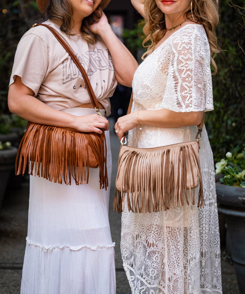 Products Fringe Crossbody Bag in Light Taupe and Cognac on Models