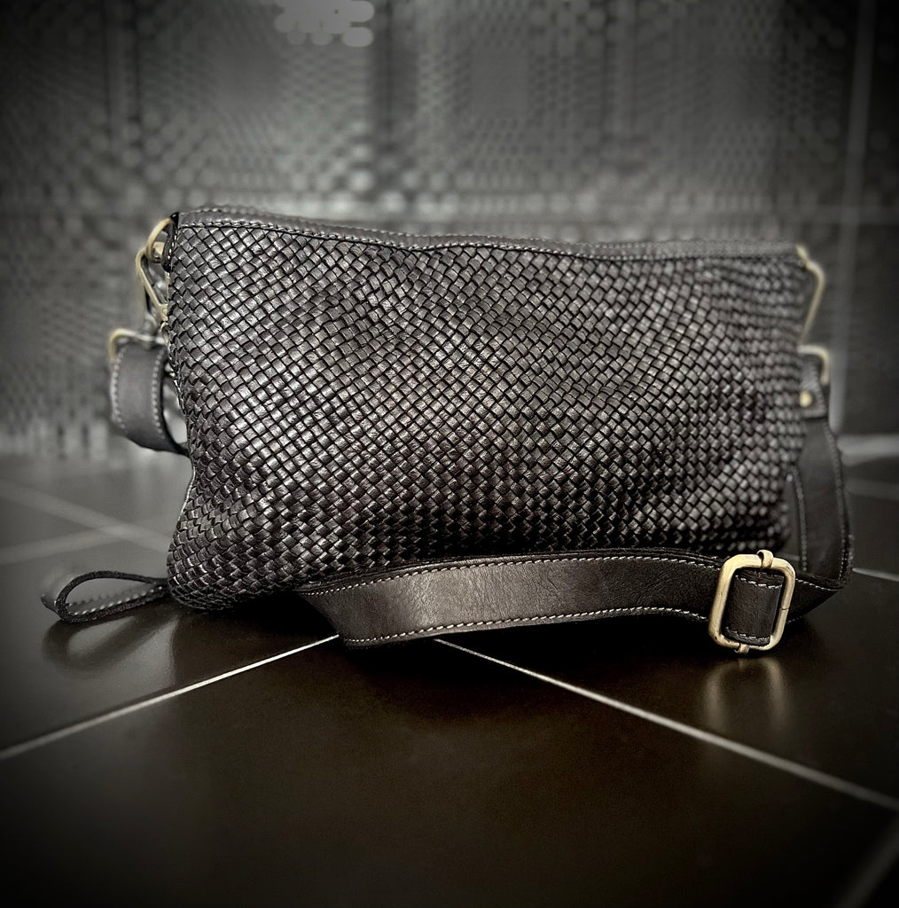 Black Woven Leather Crossbody Bag