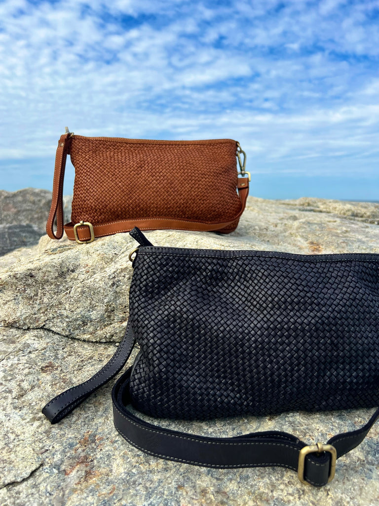 Black Leather Woven Crossbody Strap