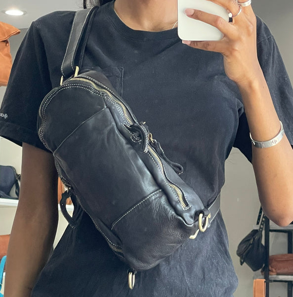 Alex Leather Sling Bag in Black on Body