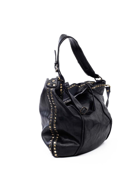 Side View of Anna Leather Hobo with Studs in Black