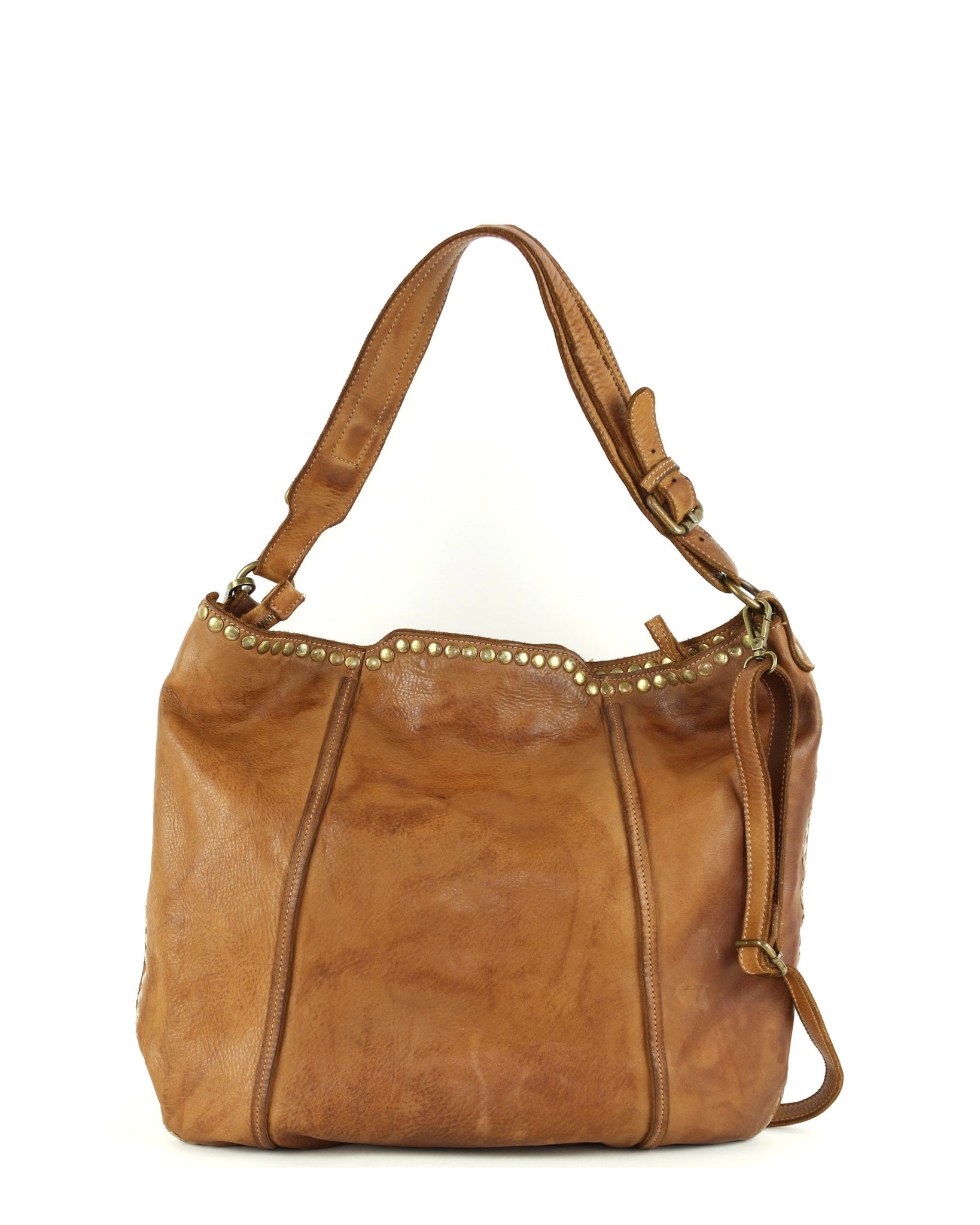 Anna Leather Hobo with Studs in Cognac
