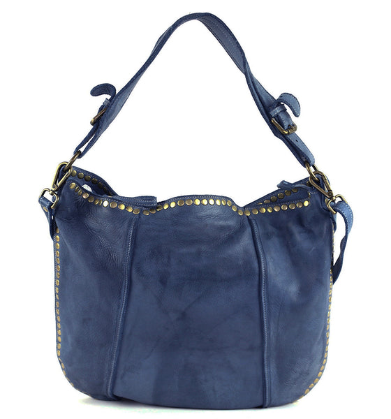 Anna Leather Hobo with Studs in Navy