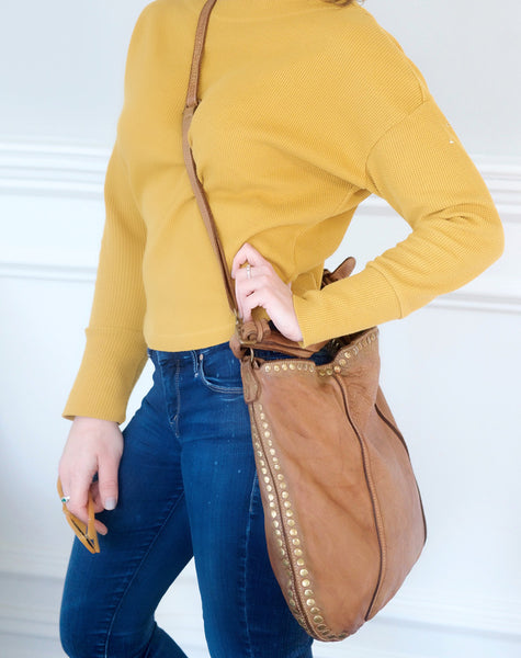 Anna Leather Hobo with Studs in Cognac on Model