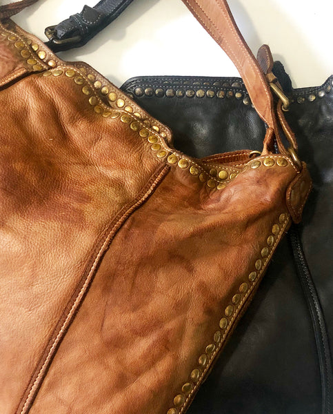 Anna Leather Hobo with Studs in Black and Cognac