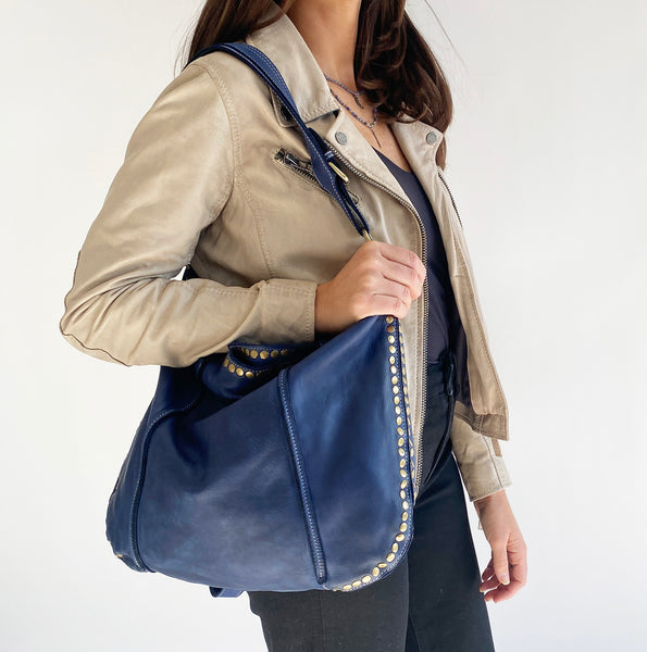 Anna Leather Hobo with Studs in Navy on Model