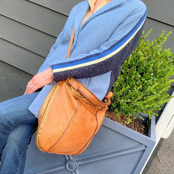 Anna Leather Hobo with Studs in Cognac on Model