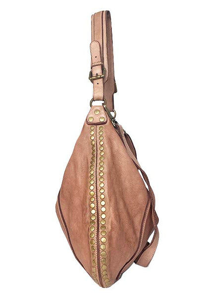 Side View of Anna Leather Hobo with Studs in Dusty Pink