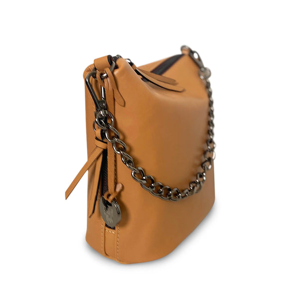 Side View of Products Boss Babe Bucket Crossbody in Tan