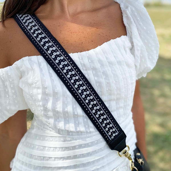 Black and White Embroidered Shoulder Strap On Model