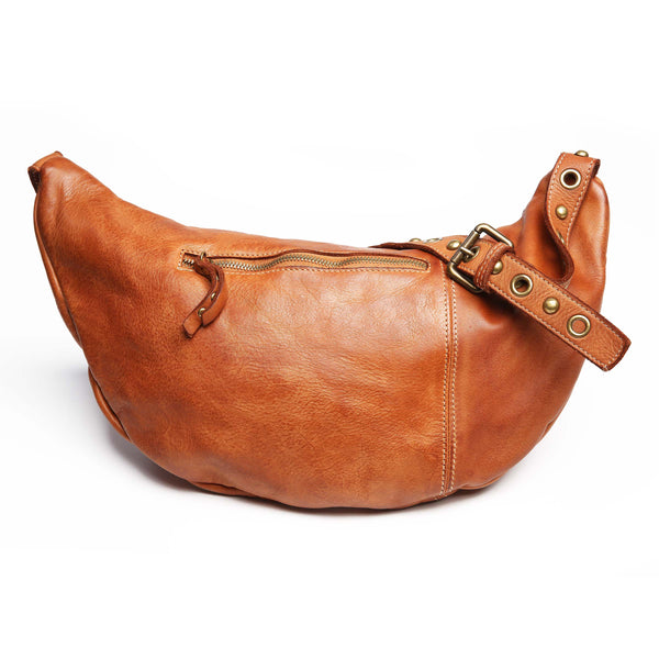 Back of Large Leather Bella Sling Bag in Cognac