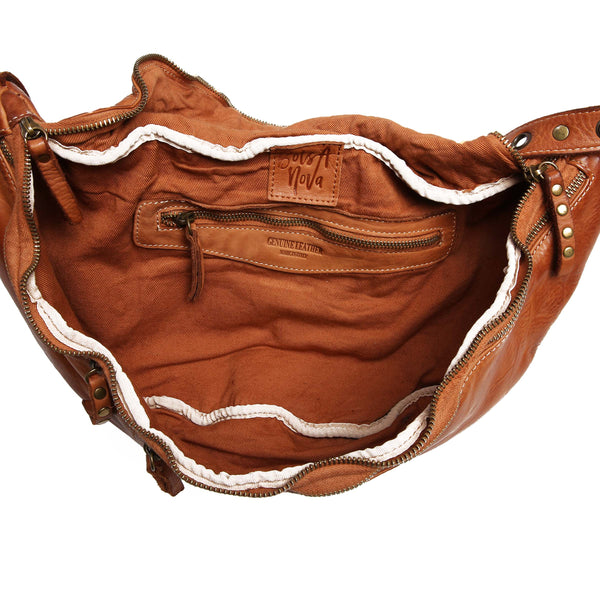 Inside of Large Leather Bella Sling Bag in Cognac