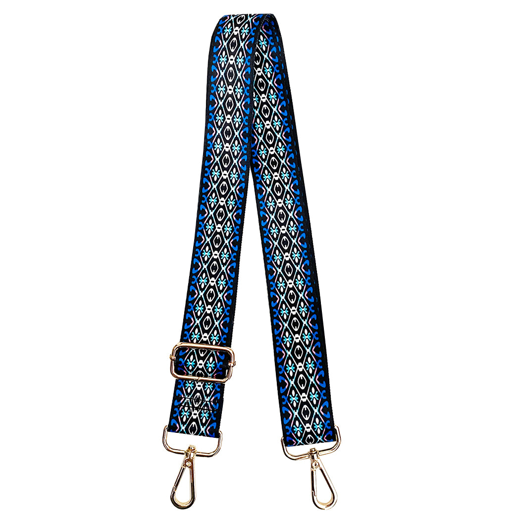 Blue, White and Black Printed Fabric Shoulder Strap