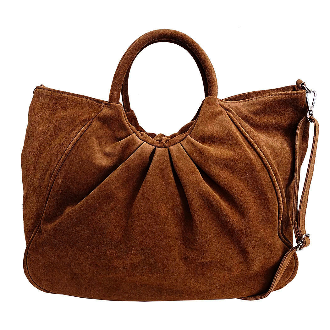 Capri Gathered Suede Satchel in Brown