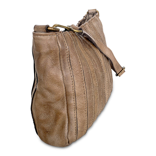Side View of Andrea Patched Leather Crossbody in Taupe