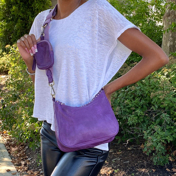 2 Piece Leather Hobo with Studs and Change Purse in Purple