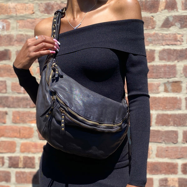 Large Leather Bella Sling Bag in Black on Model