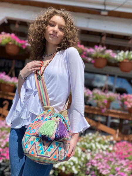 Wayuu Mochila Bag, Black Geo Design
