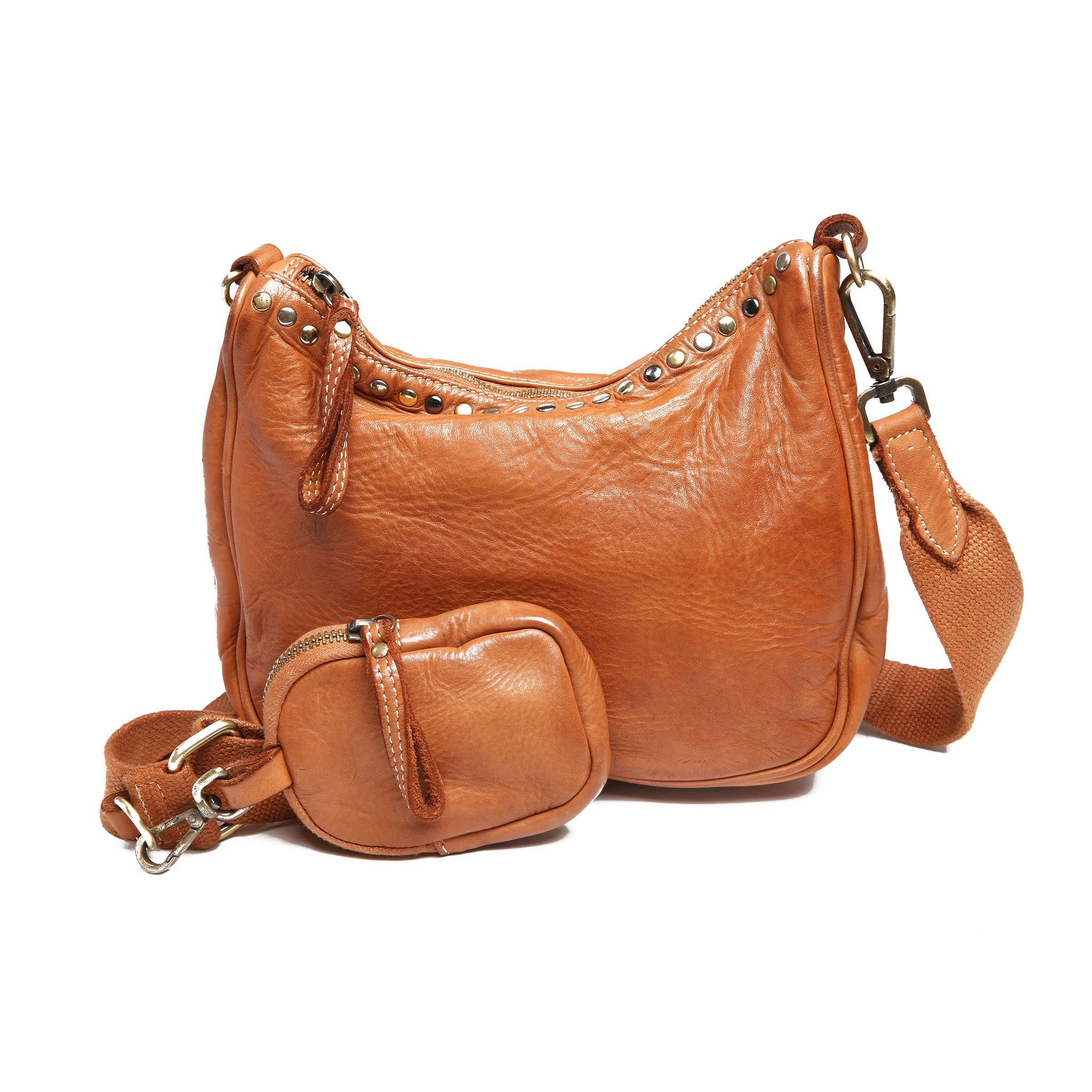 2 Piece Leather Hobo with Studs and Change Purse in Cognac