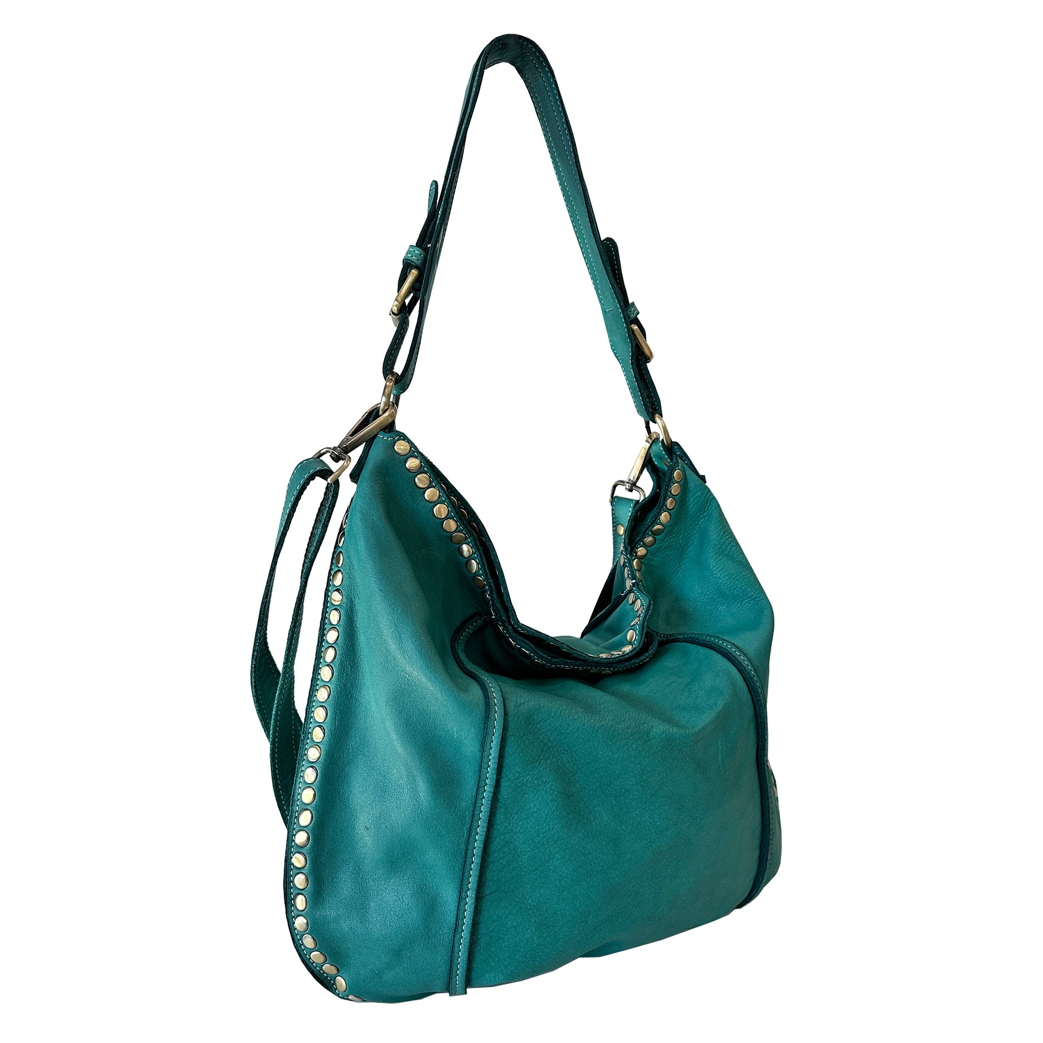 Anna Leather Hobo with Studs in Ultramarine Green
