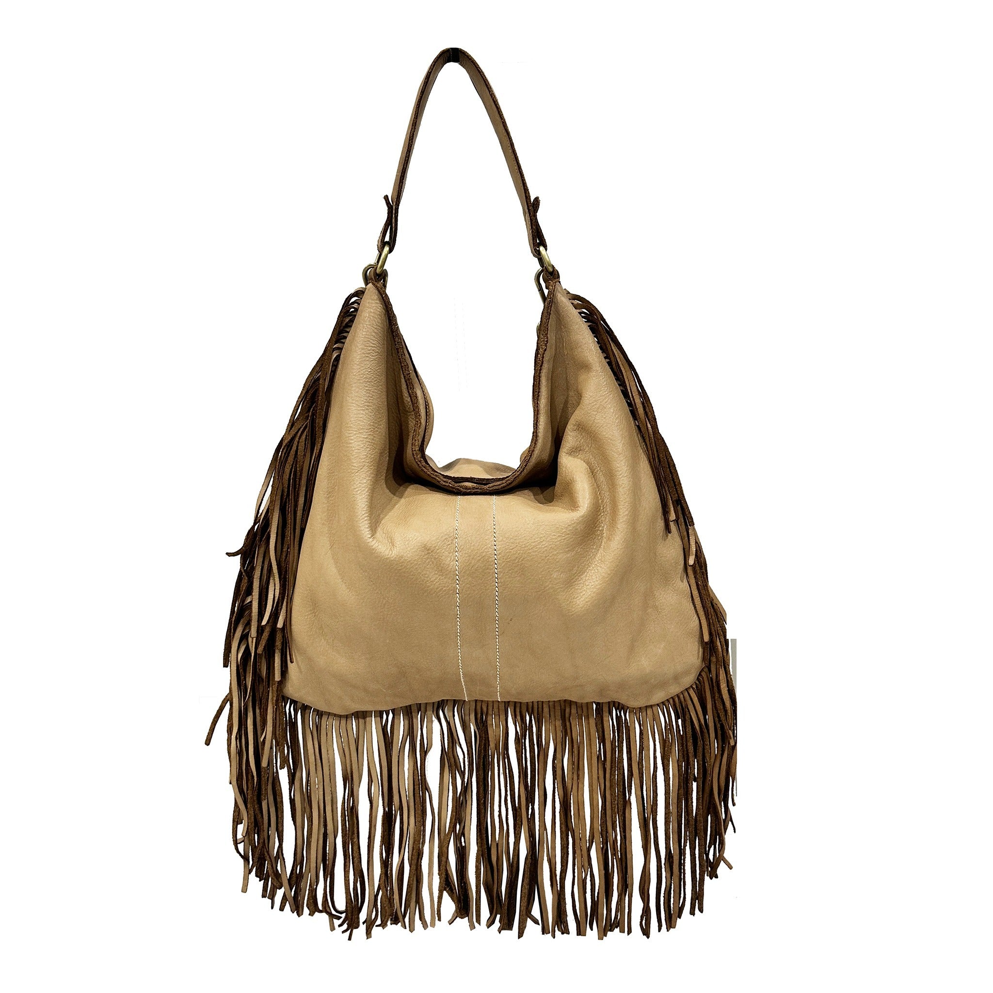 Cross body bag. BOHO suede leather bag in dark beige with FRINGES. Larger  model. Genuine leather light brown - taupe crossbody hippy bag .