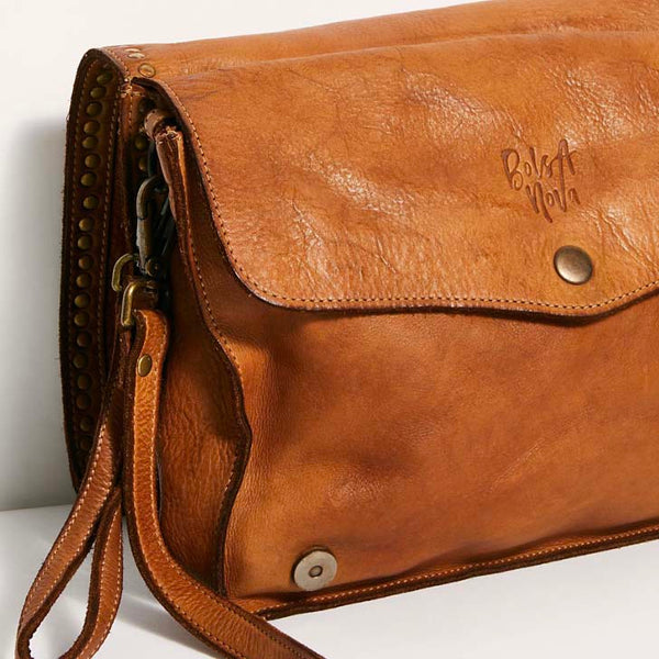 Inside Flap of Camilla Messenger Bag in Cognac